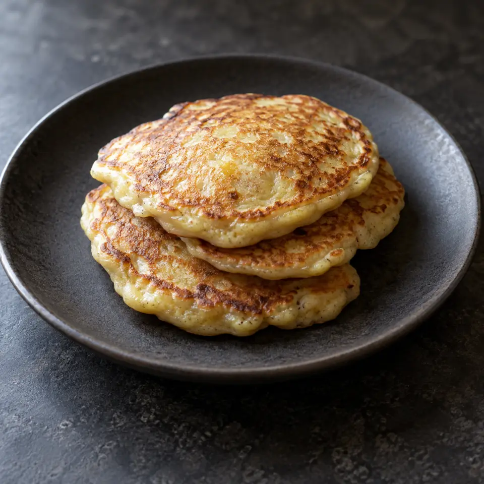 4 Ingredient Pancake on a plate on a dark stone table, made with saba, egg, large whole, clabber girl.