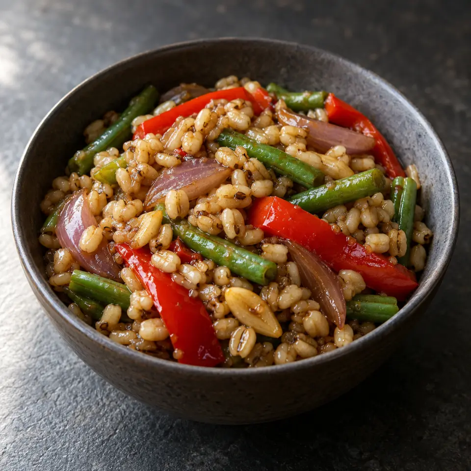 Adlai Adobo in a bowl on a dark stone table, made with bellpepper, adlai rice, red onion, blanched green beans.