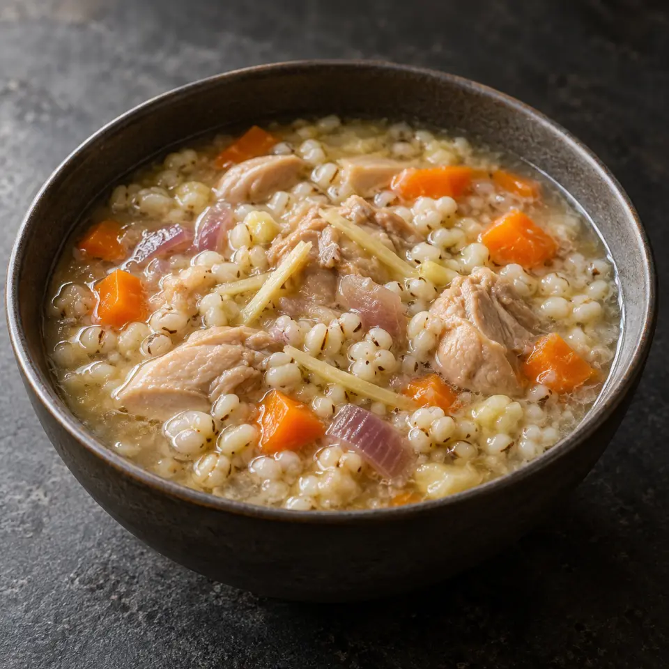 Adlai Arrozcaldo in a bowl on a dark stone table, made with boneless chicken thigh, carrots, adlai rice, red onion.