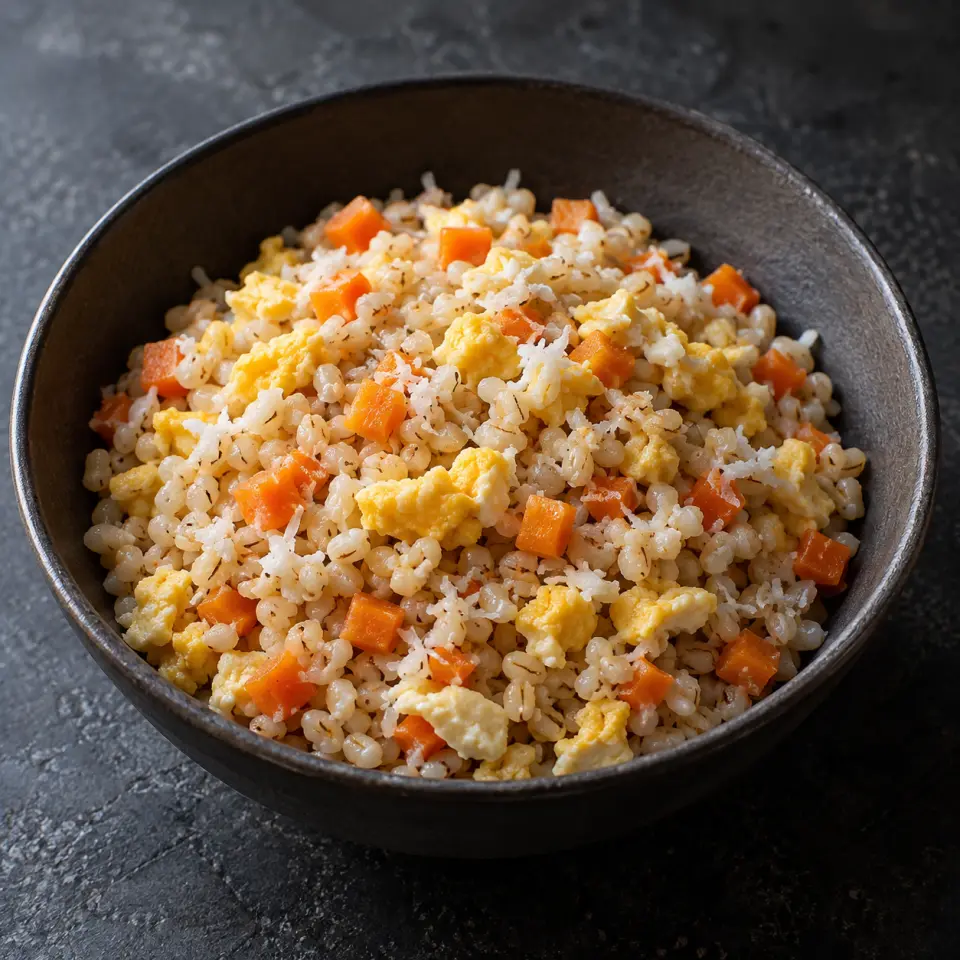Adlai Carrot Fried Rice in a bowl on a dark stone table, made with carrots, egg, adlai rice, coconut.