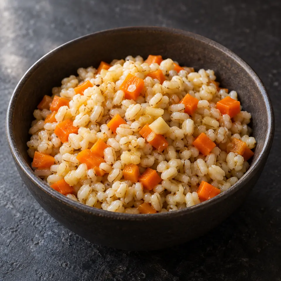 Adlai Carrot Rice in a bowl on a dark stone table, made with adlai rice, carrots, garlic, a grain that looks like pearl barley).