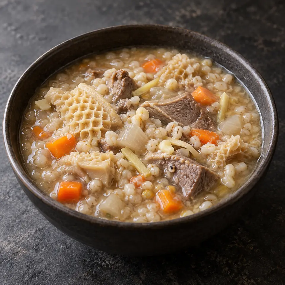 Adlai Goto in a bowl on a dark stone table, made with carrots, beef tripe, beef sirloin, adlai rice.