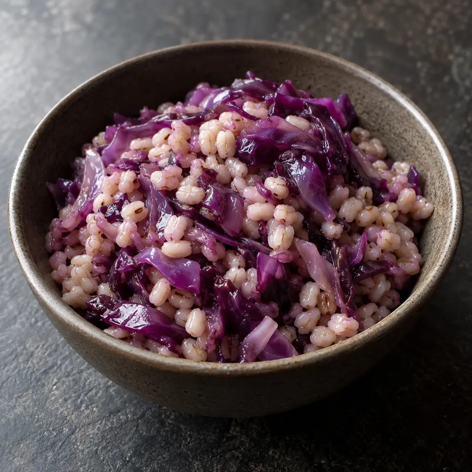 Adlai Red Cabbage in a bowl on a dark stone table, made with adlai rice, cabbage, red, a grain that looks like pearl barley).