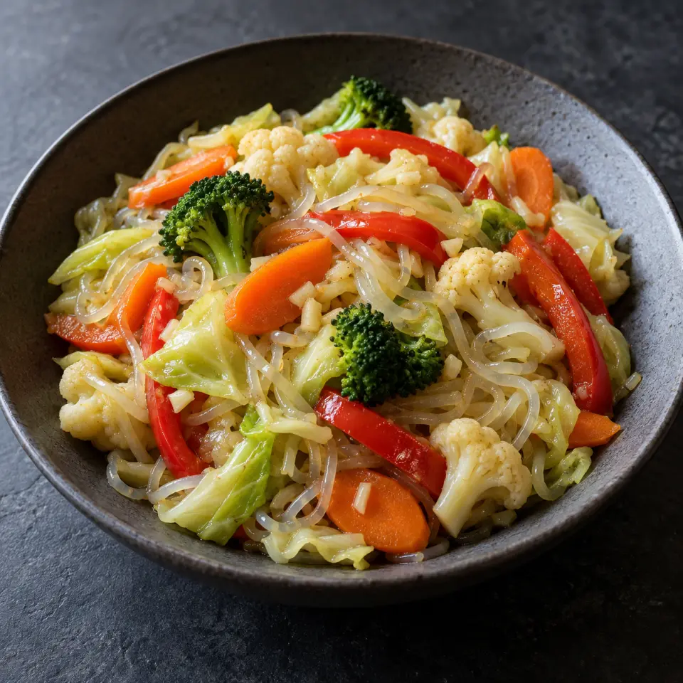 Adobo Puttanesca on a plate on a dark stone table, made with garlic, green cabbage, cauliflower, carrots.