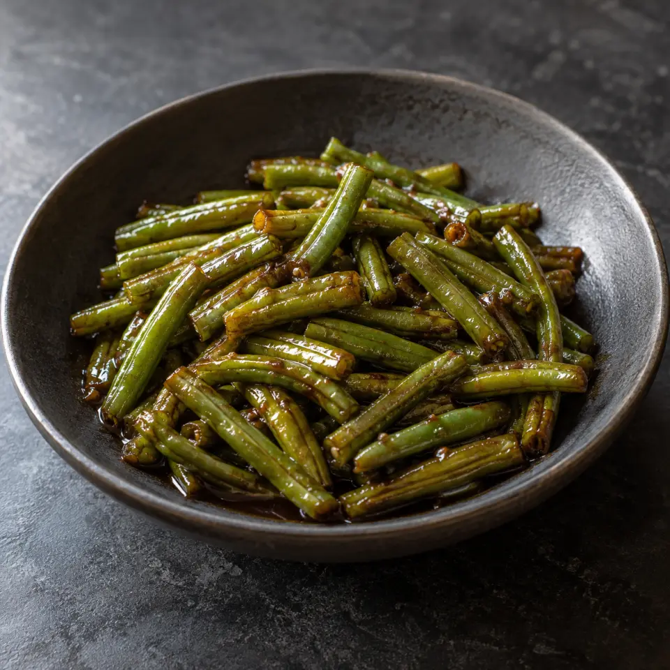 Adobong Sitaw on a plate on a dark stone table, made with string beans, soy sauce.