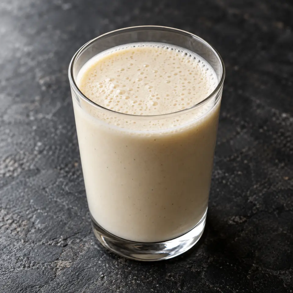 Almond Vanilla Protein Shake in a glass on a dark stone table, made with almond milk, unsweetened, monk fruit.