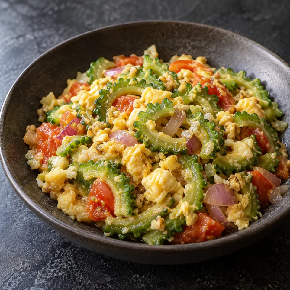 Ampalaya Egg on a plate on a dark stone table, made with bitter melon, egg, tomatoes, garlic.