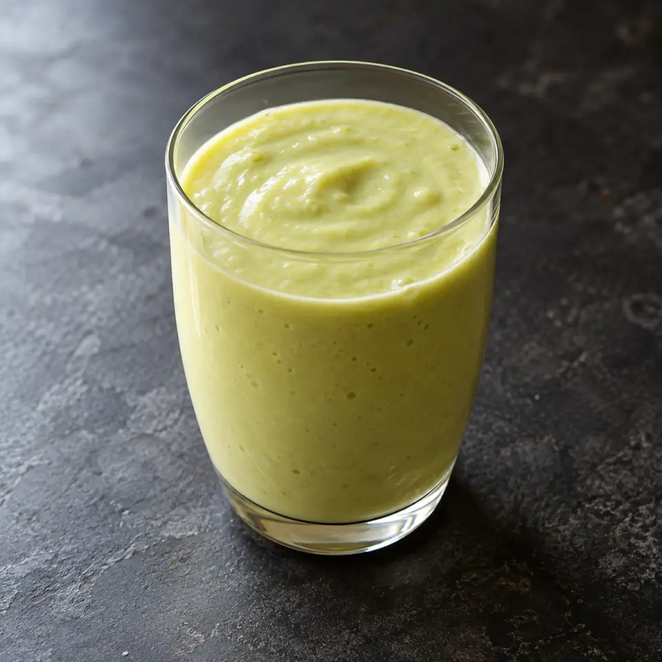 Avocado Oat Shake in a glass on a dark stone table, made with mashed or pureed , avocado, oat milk.