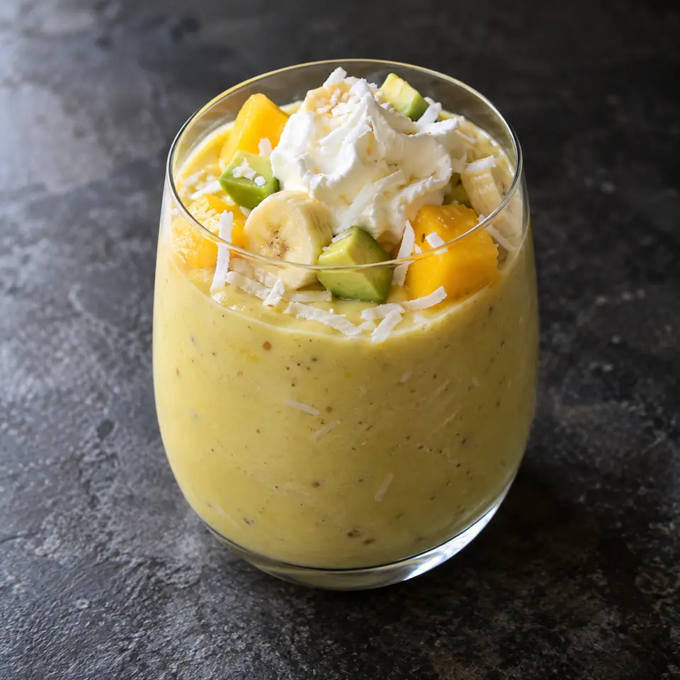 AvoCoMangoBan Smoothie in a glass on a dark stone table, made with shredded, coconut meat, banana, mango.