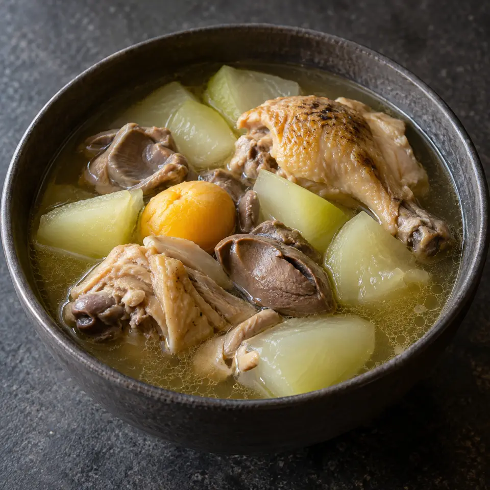 Baguio Pinikpikan in a bowl on a dark stone table, made with gizzard, chicken livers, free range chicken, egg.