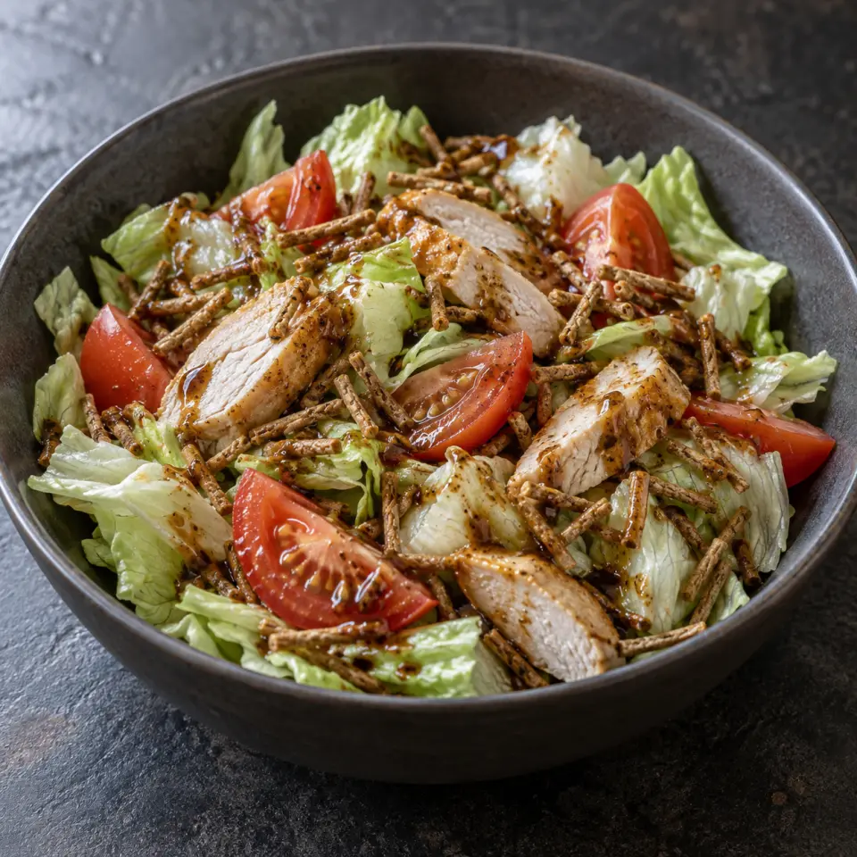 Balsamic Chicken Tomato Salad in a wide bowl on a dark stone table, made with ice berg lettuce, chicken breast, tomato, all-bran regular.