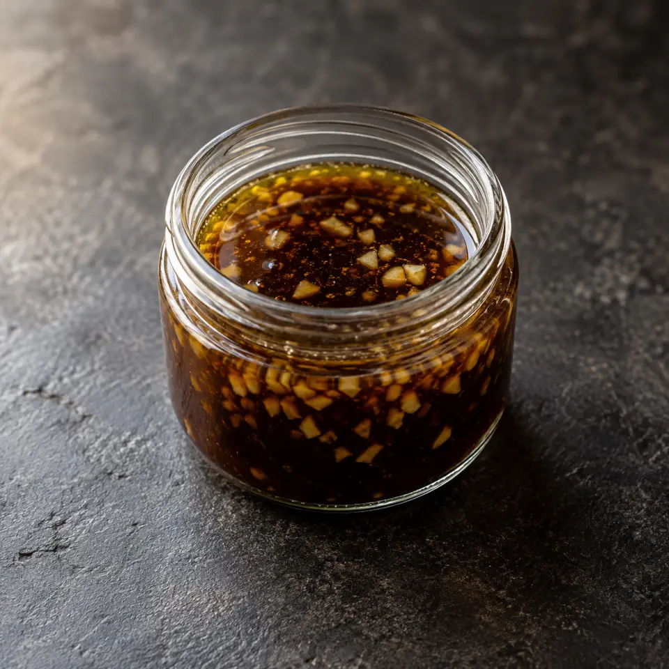 Balsamic Vinaigrette in a small jar on a dark stone table, made with extra virgin, garlic.