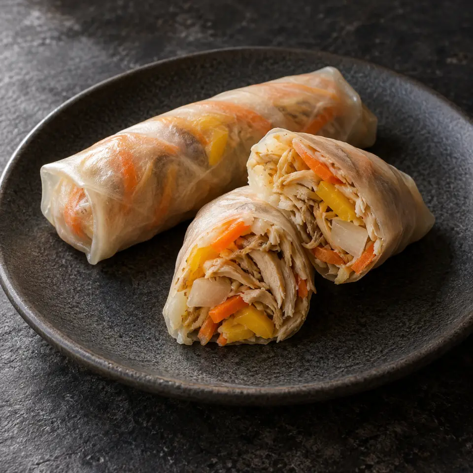Banana Blossom Fresh Spring Rolls on a plate on a dark stone table, made with spring roll wrapper, garlic, banana blossom, white onion.