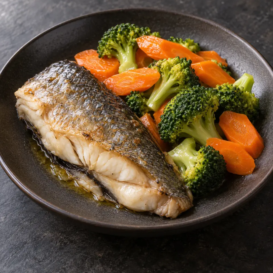 Bangus and Broccoli Carrots on a plate on a dark stone table, made with milkfish, broccoli, carrots, butter - unsalted.