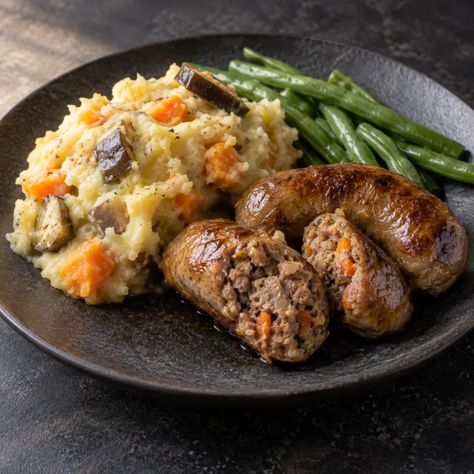 Batutay With Mashpotato on a plate on a dark stone table, made with milk, potato, pork, ground.