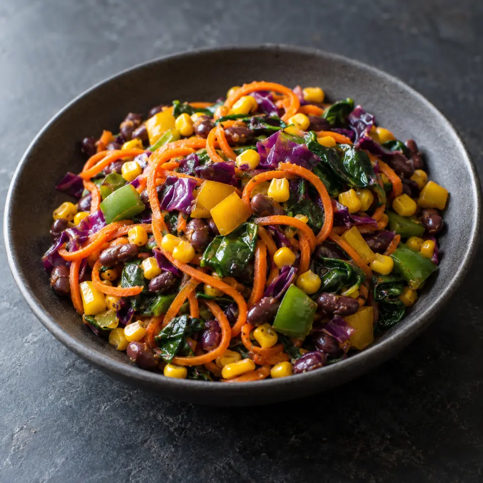 Beautiful MessVeggies on a plate on a dark stone table, made with chopped, cabbage, red, bean.