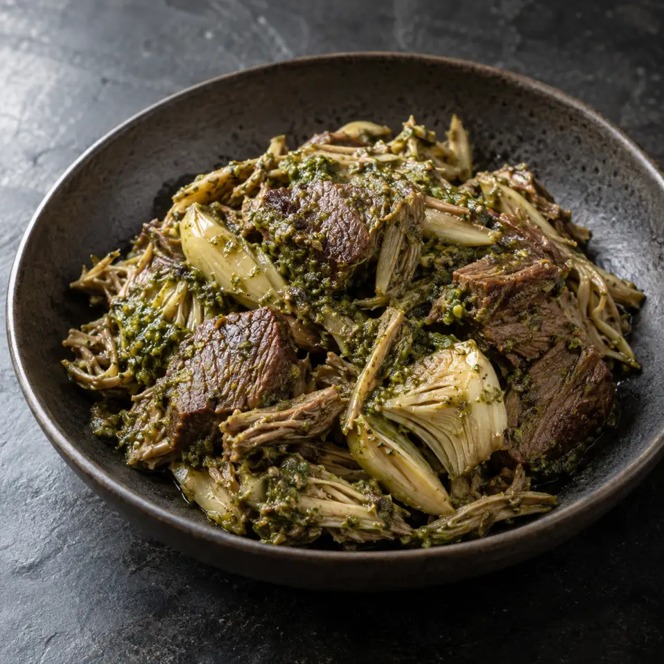 Beef Banana Blossom Pesto on a plate on a dark stone table, made with beef brisket, banana blossom/ flower, classic pesto.