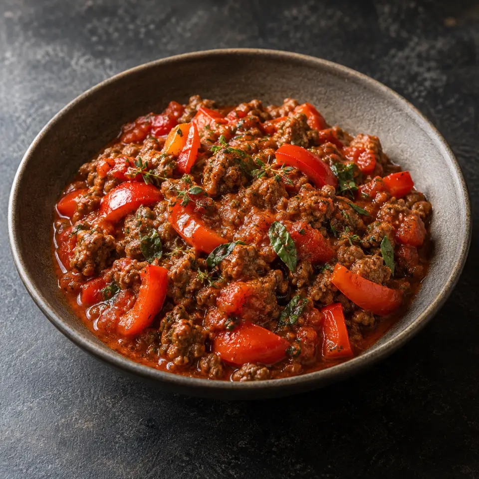 Beef Bellpepper Bolognaise on a plate on a dark stone table, made with beef, bellpepper red, bolognese, basil.