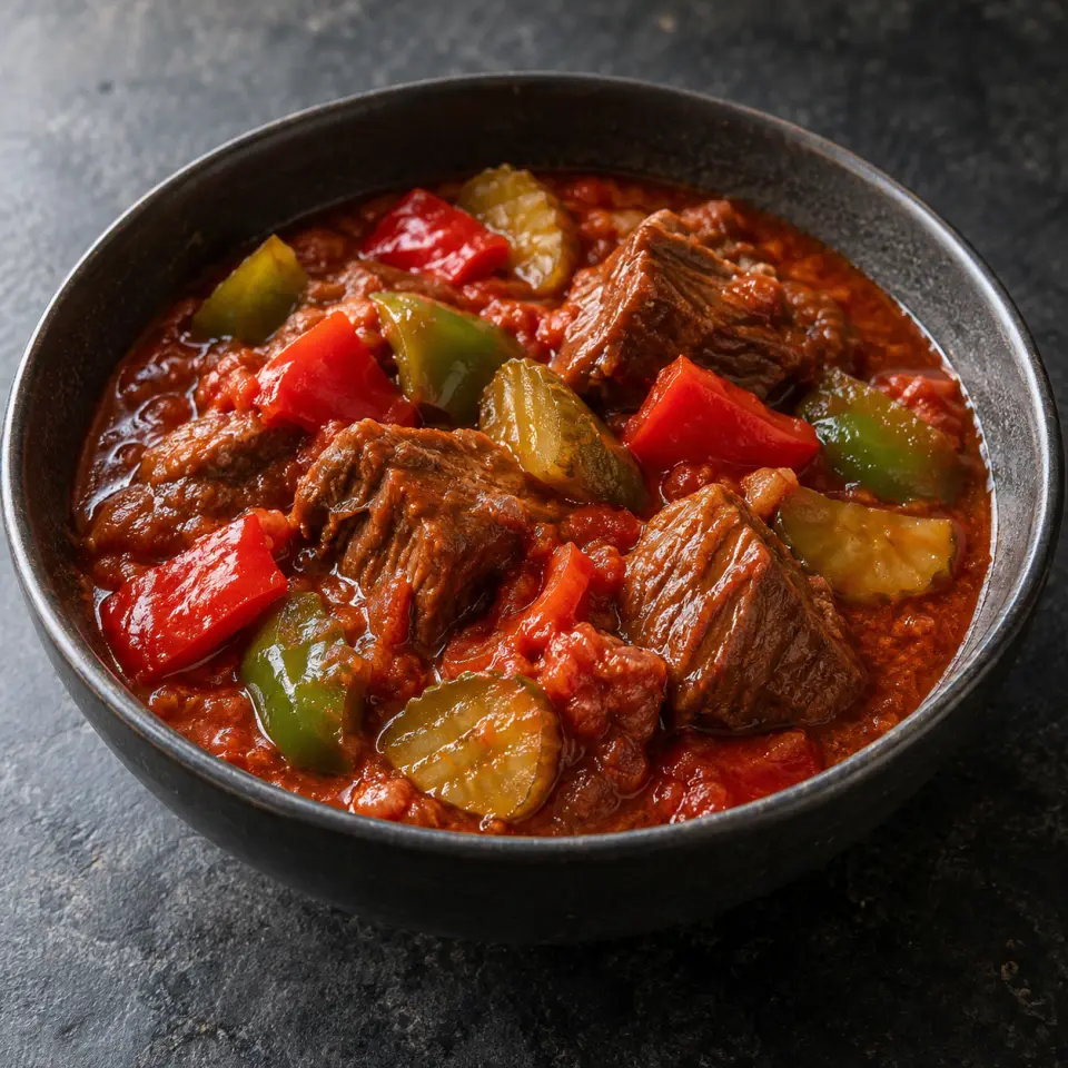 Beef Caldereta in a bowl on a dark stone table, made with beef brisket, passata, bellpepper red, capsicum - green.