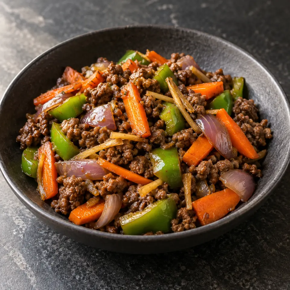 Beef Carrot Sweet Ginger on a plate on a dark stone table, made with ground beef, carrots, capsicum - green, red onion.