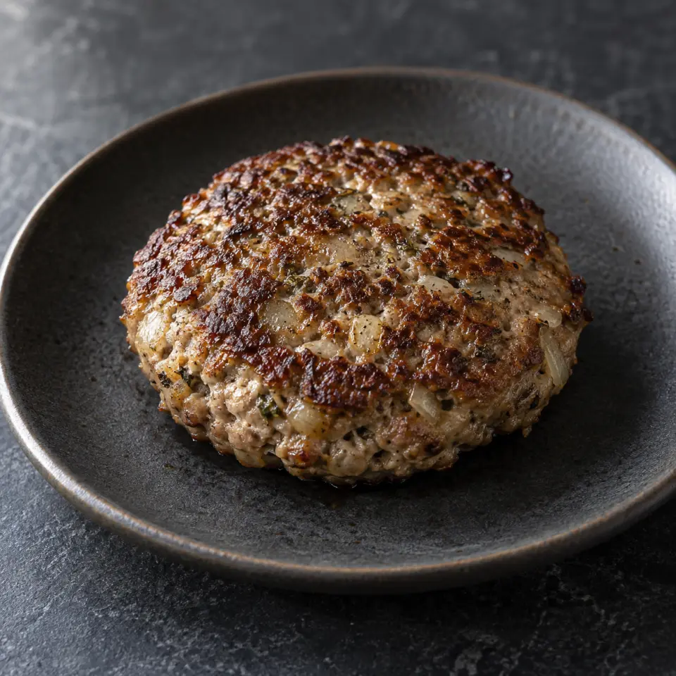 Beef Egg Patty (One Patty Per Serving About 3” Dia) on a plate on a dark stone table, made with lean ground beef, egg, onion, garlic.