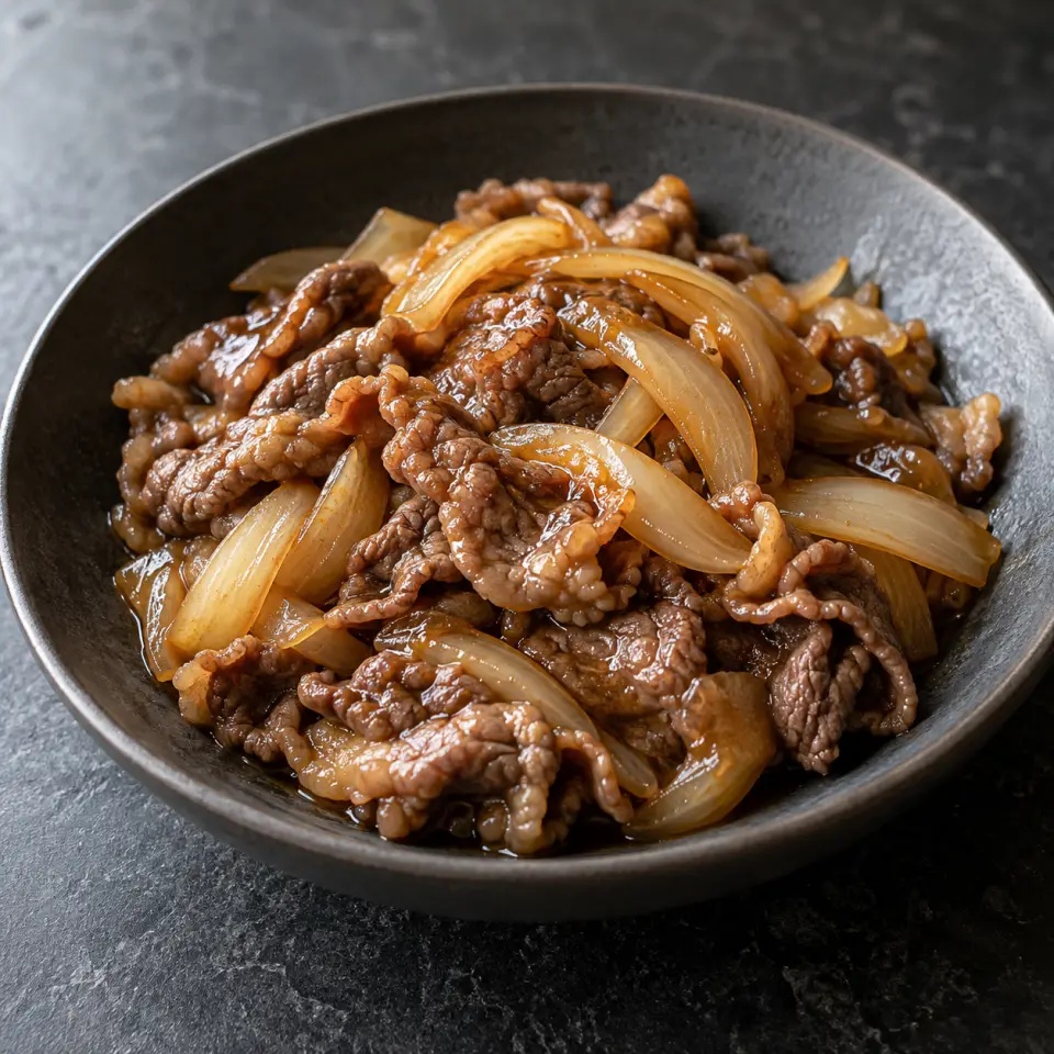 Beef Honey Onion on a plate on a dark stone table, made with beef sukiyaki meat, onion, oyster sauce, honey.