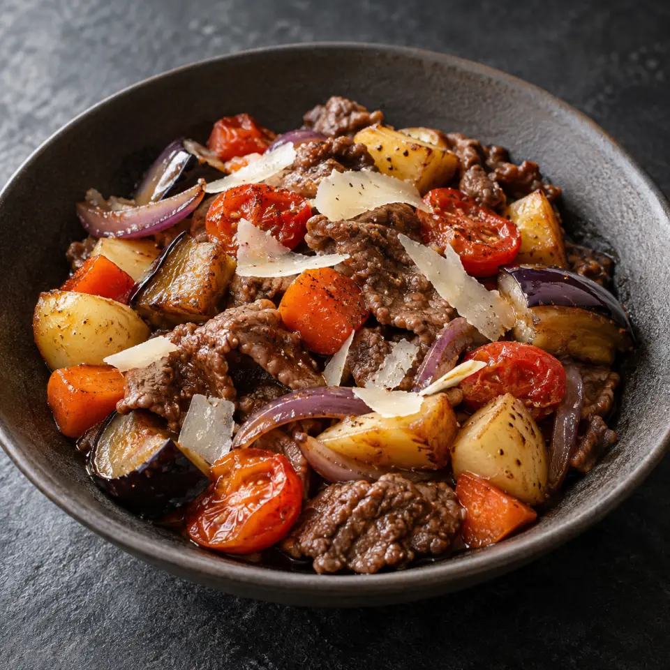 Beef Potato Carrot Tomato Basil Pasta in a bowl on a dark stone table, made with egg plant, cherry tomato, beef yakiniku, small potato.