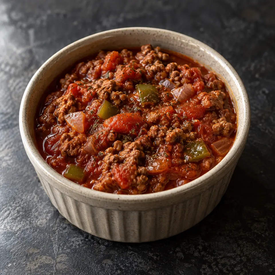 Beef Spaghetti Sauce in a small jar on a dark stone table, made with ground beef, tomato puree, red onion, capsicum - green.