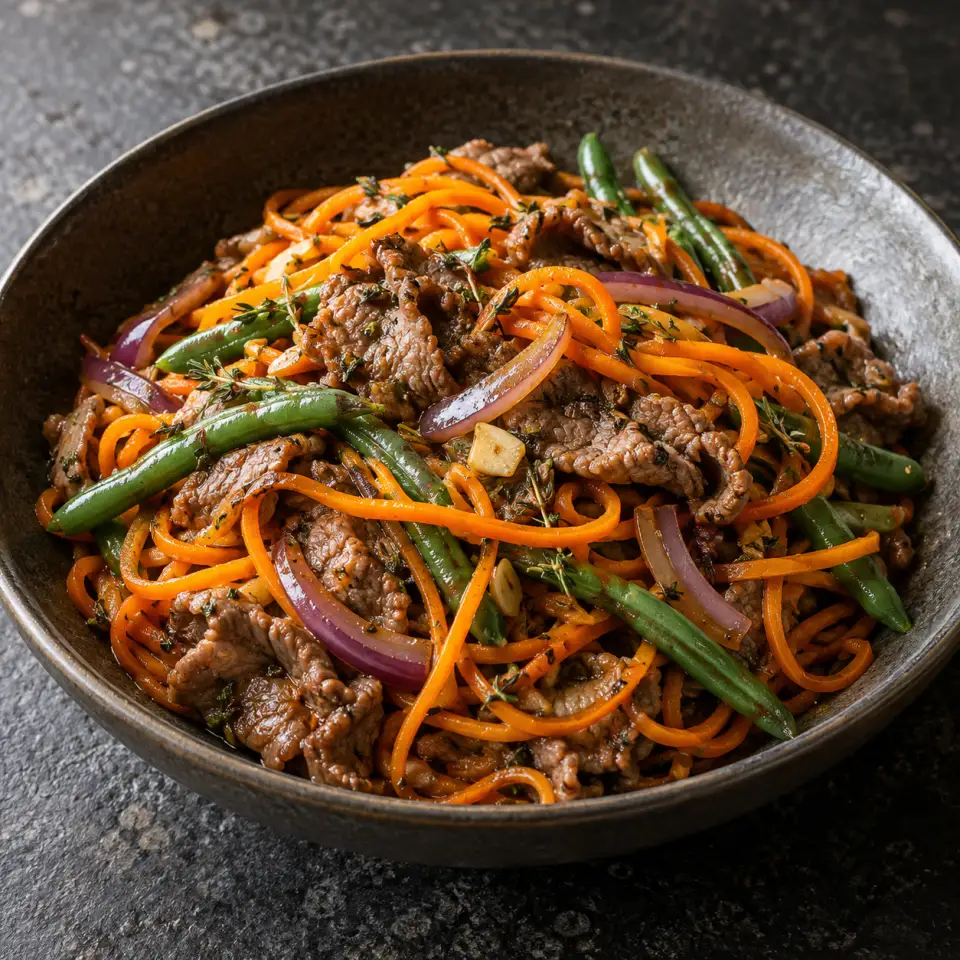 Beef Sukiyaki Carrot Noodles on a plate on a dark stone table, made with sukiyaki beef, carrots, red onion, blanched green beans.