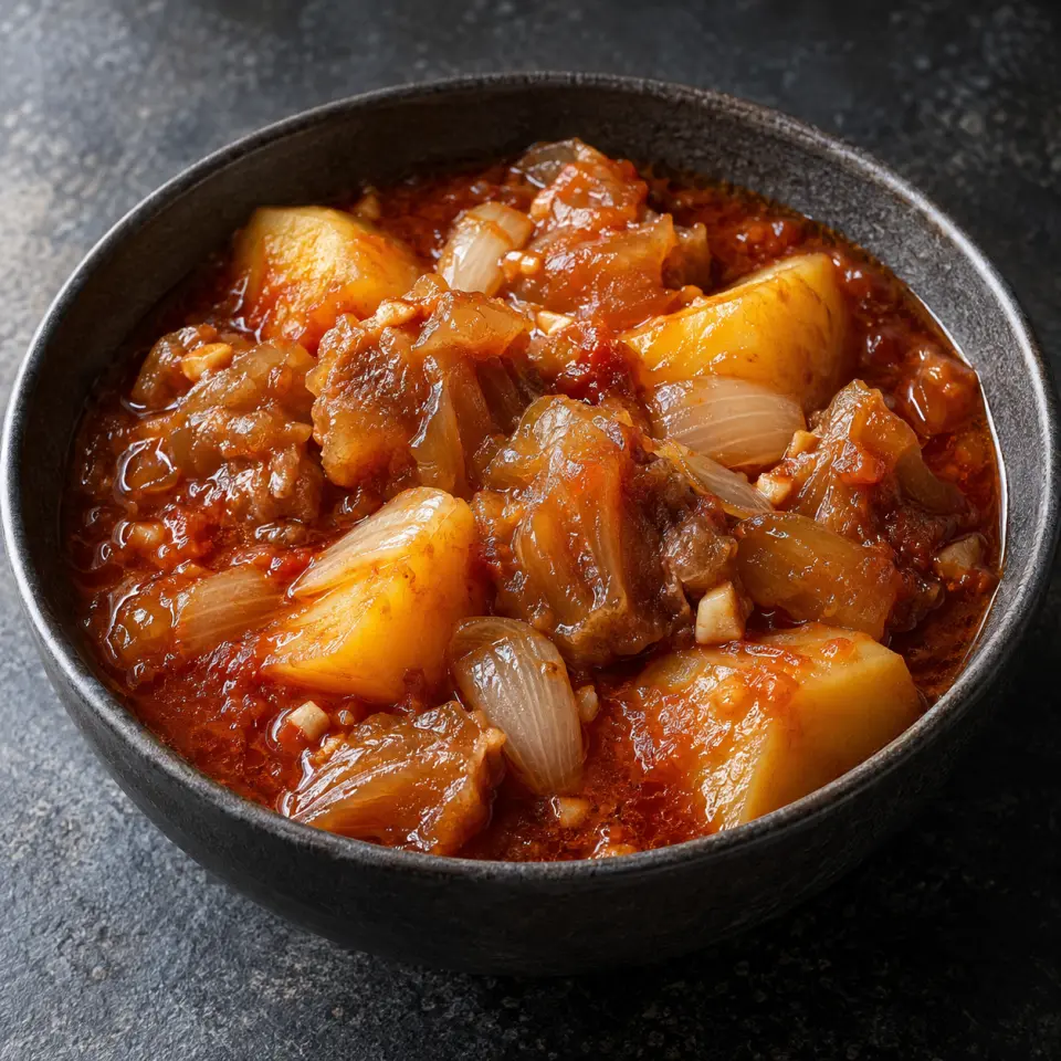 Beef Tendon Kaldereta in a bowl on a dark stone table, made with beef tendon, garlic, potato, white onion.