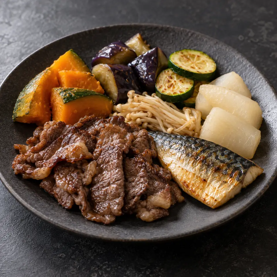 Beef Yakiniku Mackerel Meal on a plate on a dark stone table, made with yakiniku, kabocha squash, fish, mackerel.
