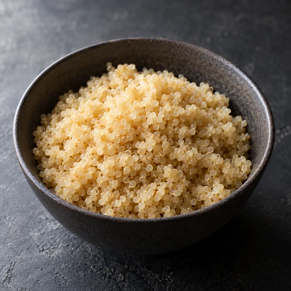 Bellpepper Quinoa in a bowl on a dark stone table, made with quinoa.