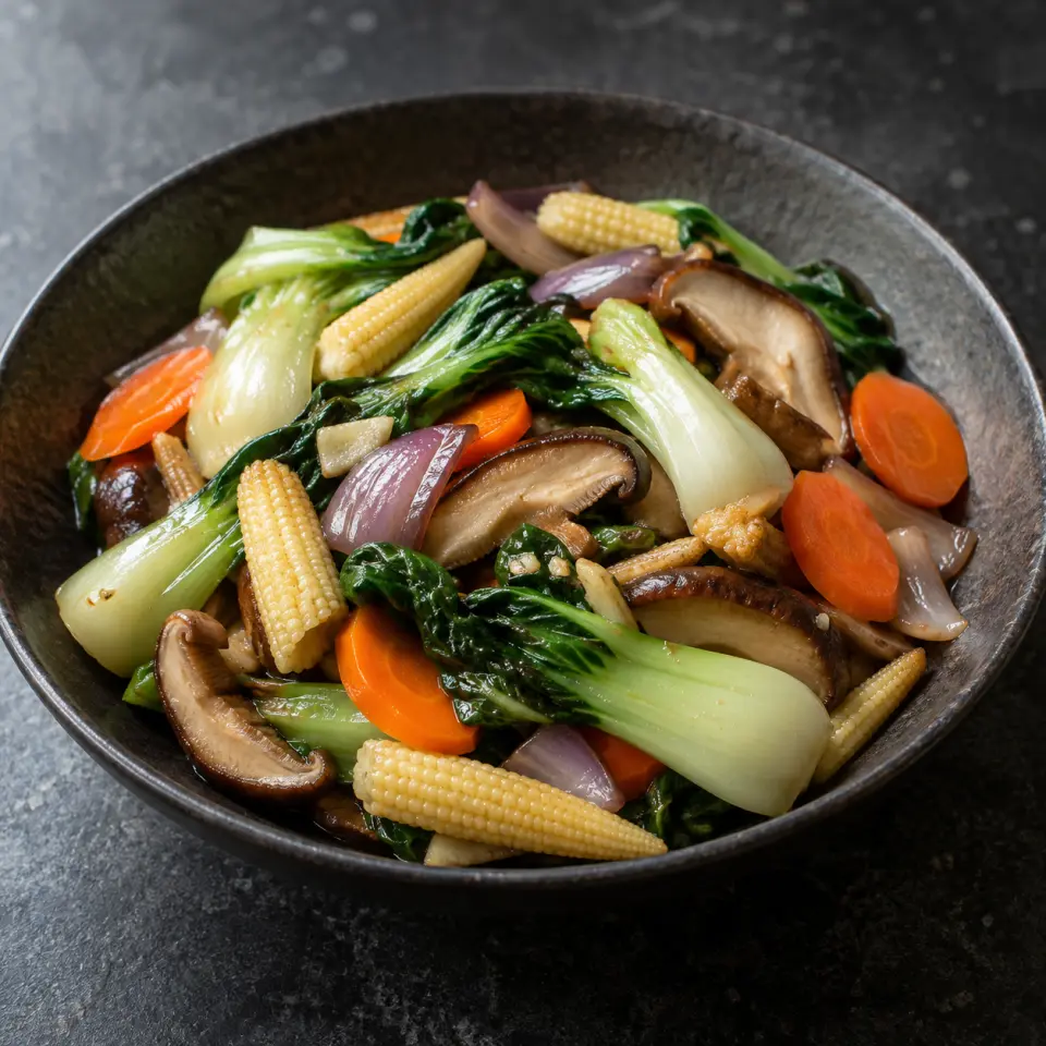 Bokchoy Shitake Veggies on a plate on a dark stone table, made with clove, chinese bokchoy, onion red whole, young baby corn.