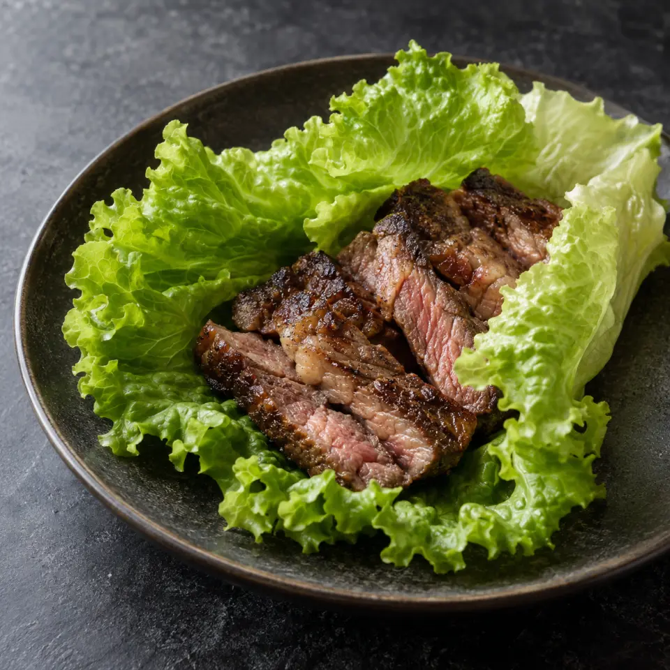 Bolzico Lettuce Wrap on a plate on a dark stone table, made with lettuce, green leaf, rib eye streak.