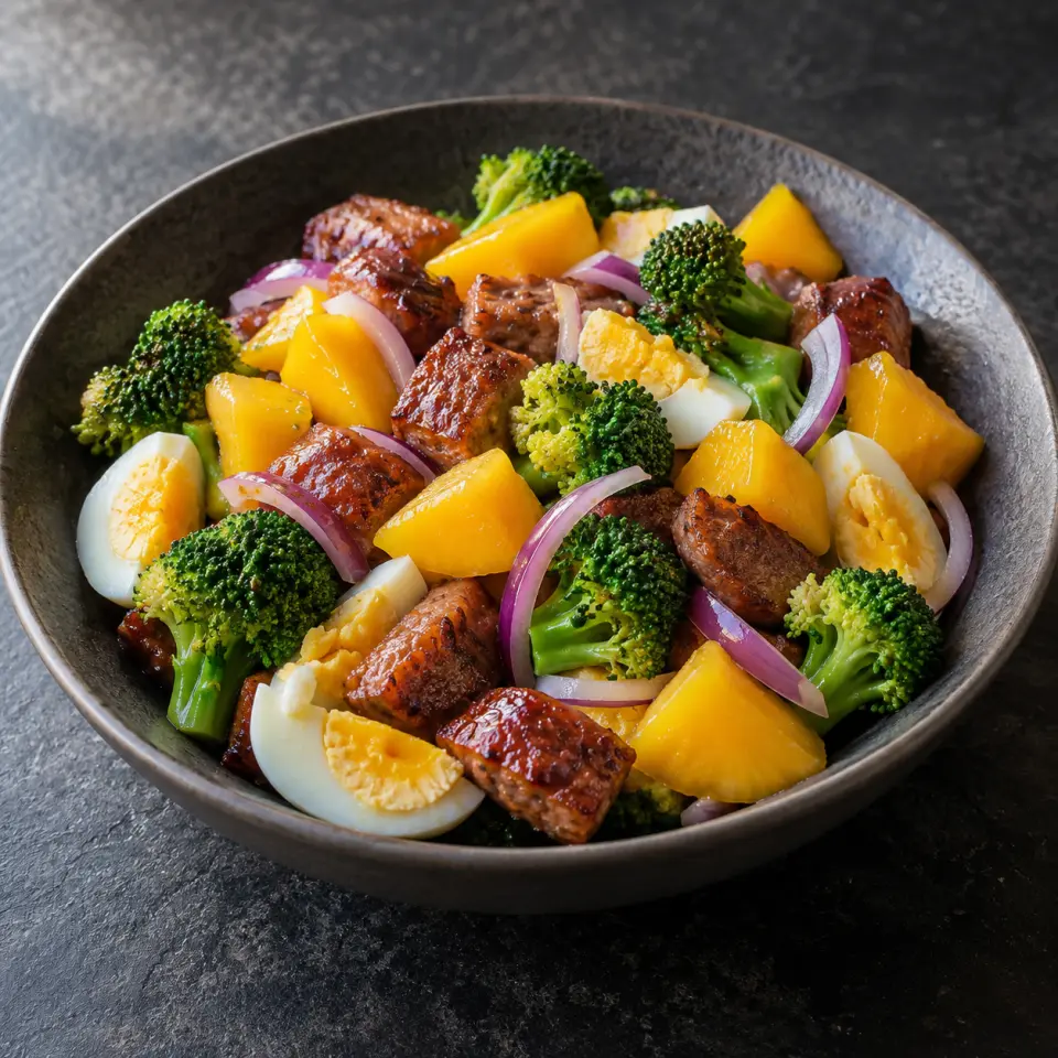 Broccoli Mango Salad in a wide bowl on a dark stone table, made with longanisa, mangos, broccoli, egg.