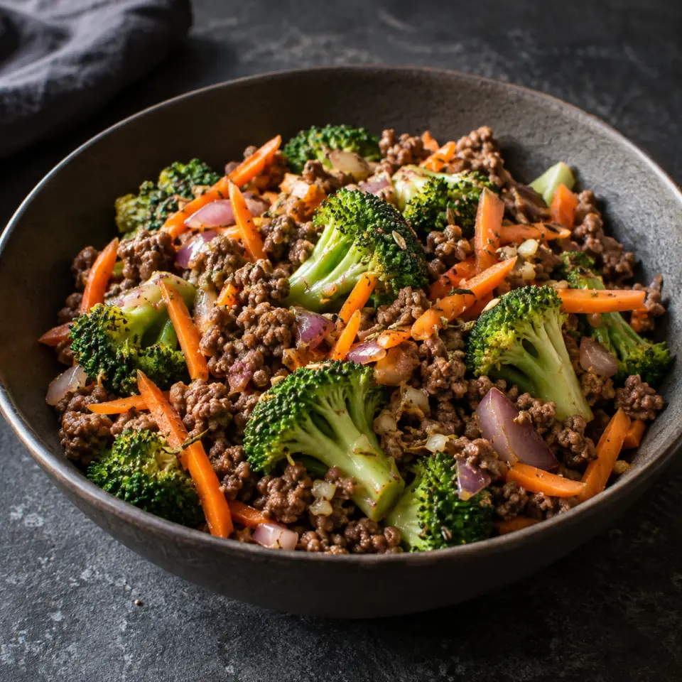 Broccoli Salad in a wide bowl on a dark stone table, made with broccoli, ground beef, carrots, red onion.