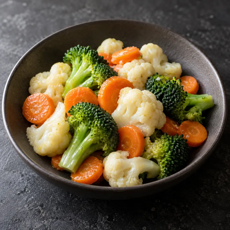 Buttered Broccoli Cauliflower Carrots on a plate on a dark stone table, made with cauliflower, carrots, broccoli, butter - salted.