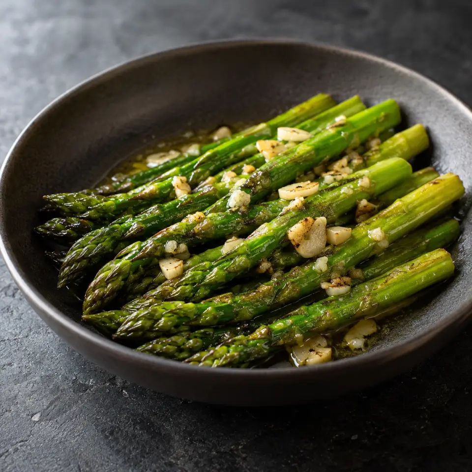 Buttered Garlic Asparagus on a plate on a dark stone table, made with asparagus, garlic, butter - unsalted.