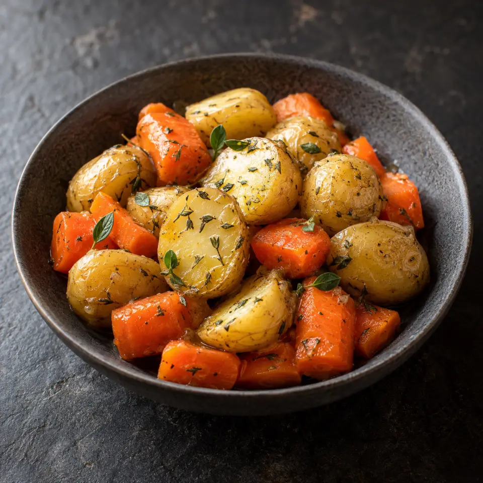 Buttered Potato And Carrot on a plate on a dark stone table, made with baby potatoes, carrots, butter - salted, leaves.