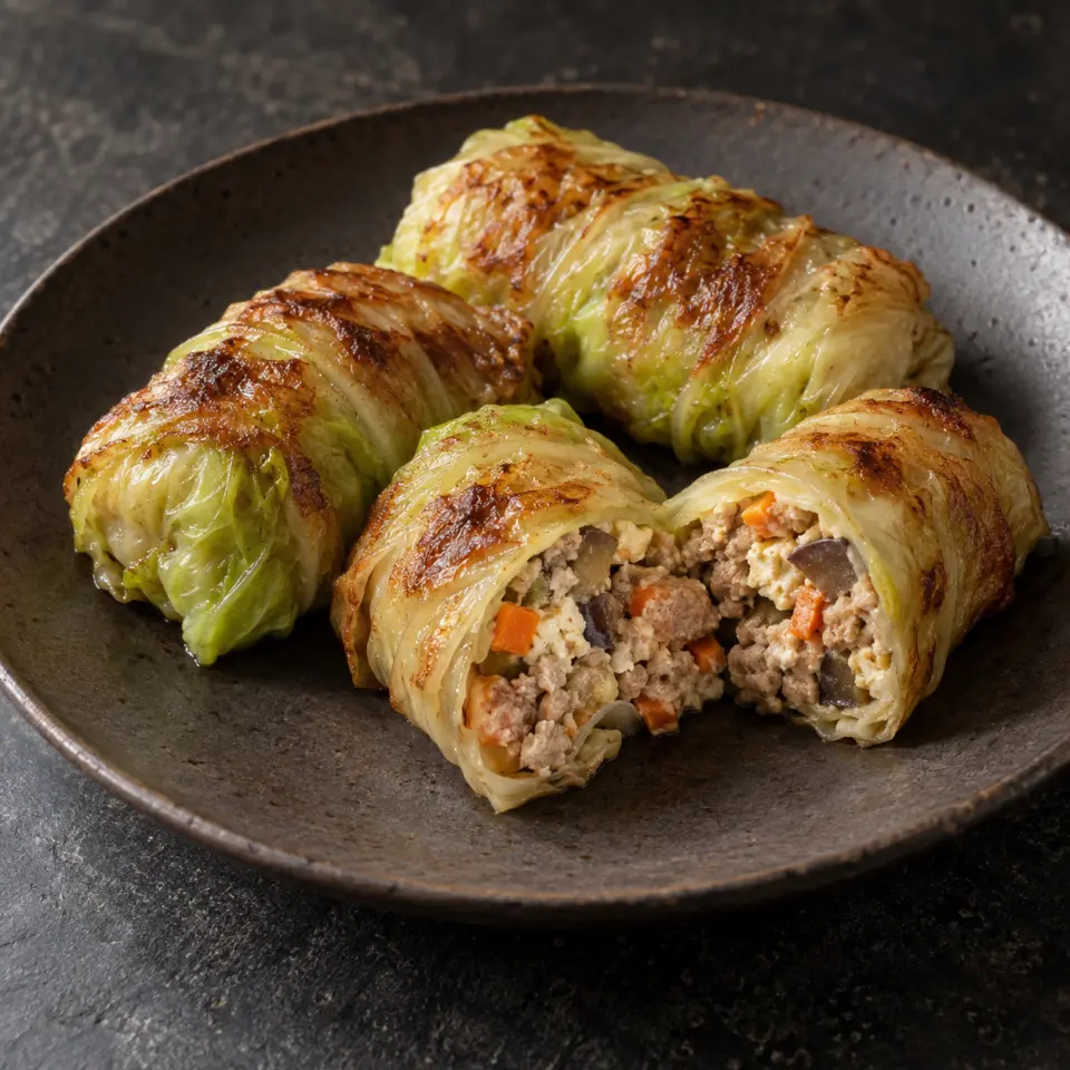 Cabbage Shanghai on a plate on a dark stone table, made with silken tofu, cabbage, eggplant, pork.