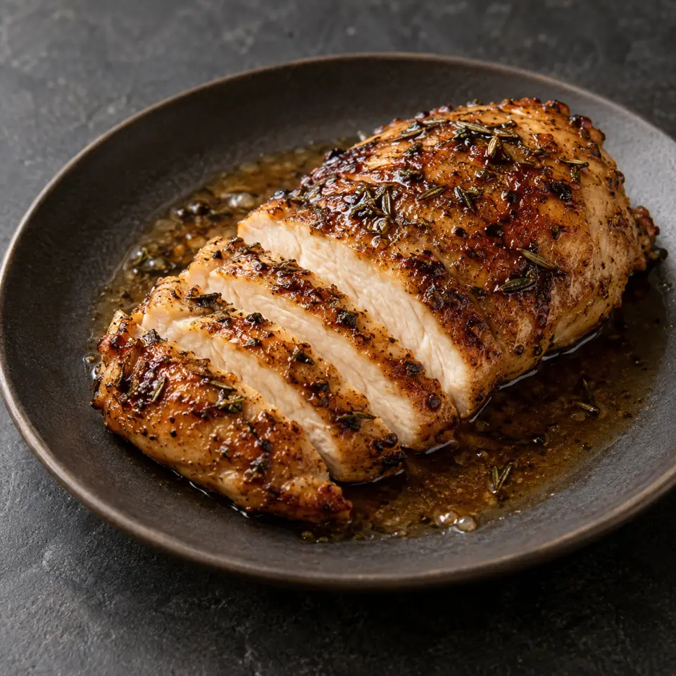 Cajun Chicken on a plate on a dark stone table, made with chicken breast, kikoman, butter, salted.