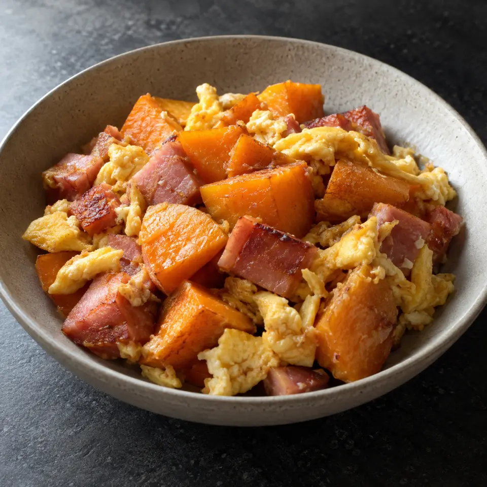 Camote Ham Eff on a plate on a dark stone table, made with ham, sweet potato, egg.