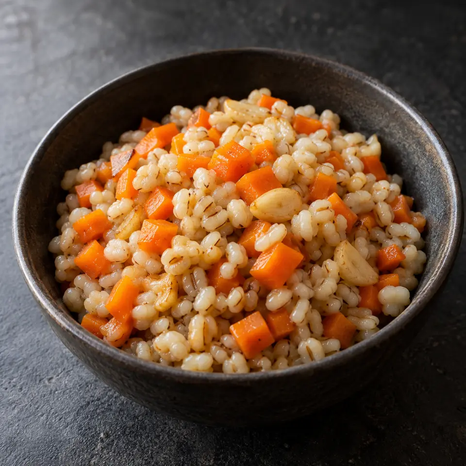 Carrot Adlai Garlic Rice in a bowl on a dark stone table, made with carrots, adlai rice, garlic, a grain that looks like pearl barley).