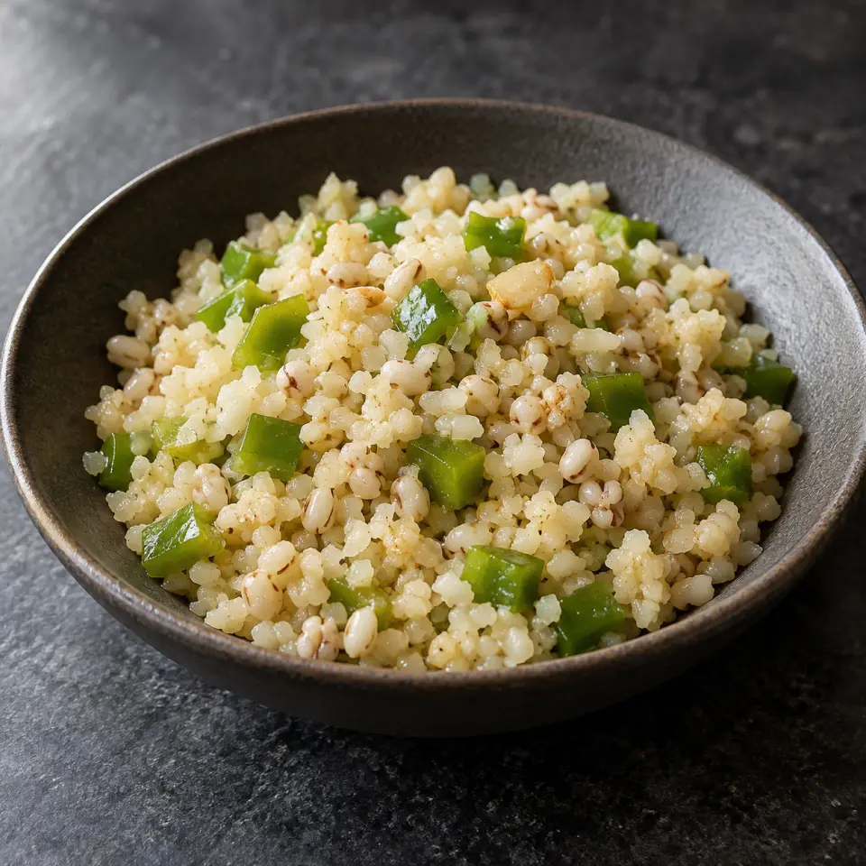 Caulirice on a plate on a dark stone table, made with cauliflower, capsicum green, adlai rice, butter - salted.