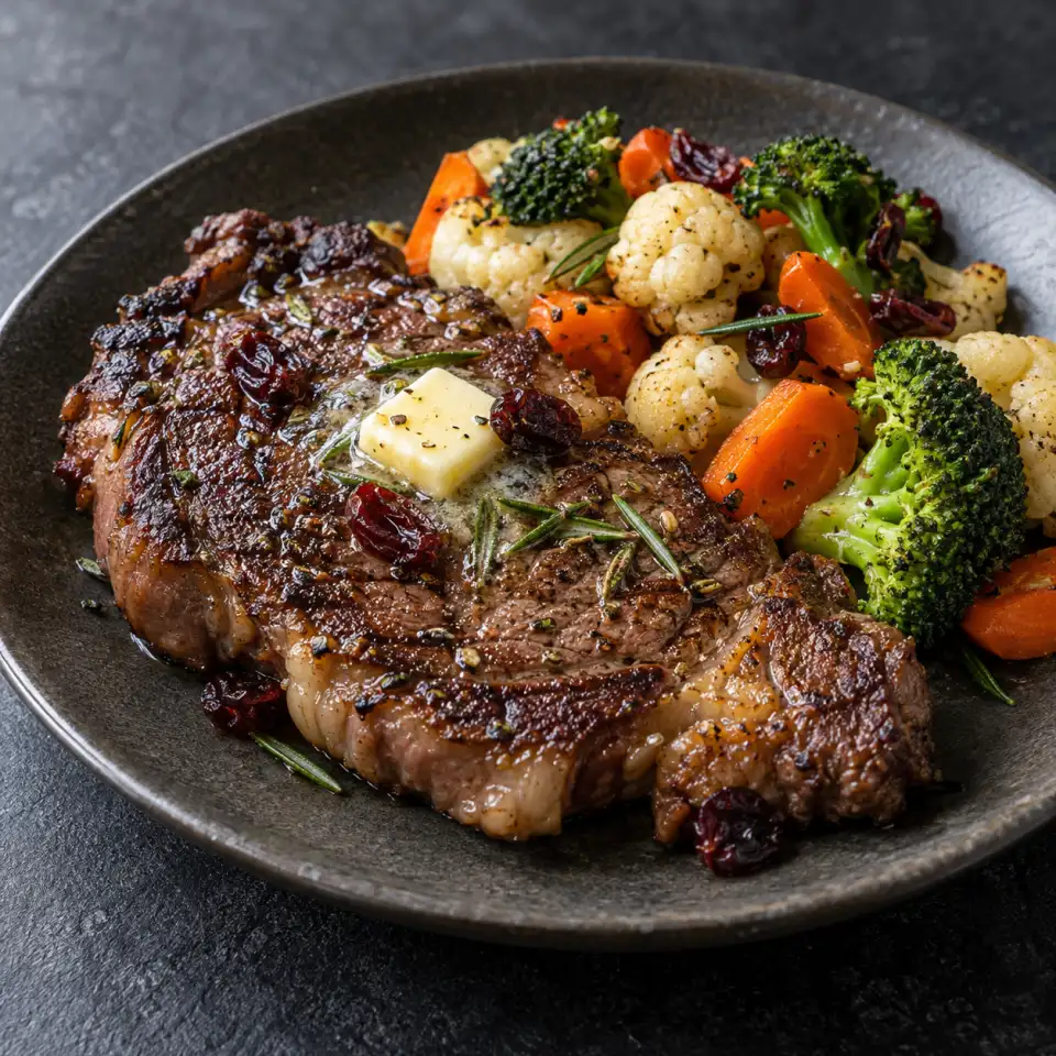 Cheap Steak on a plate on a dark stone table, made with rib eye, cauliflower, broccoli, carrots.