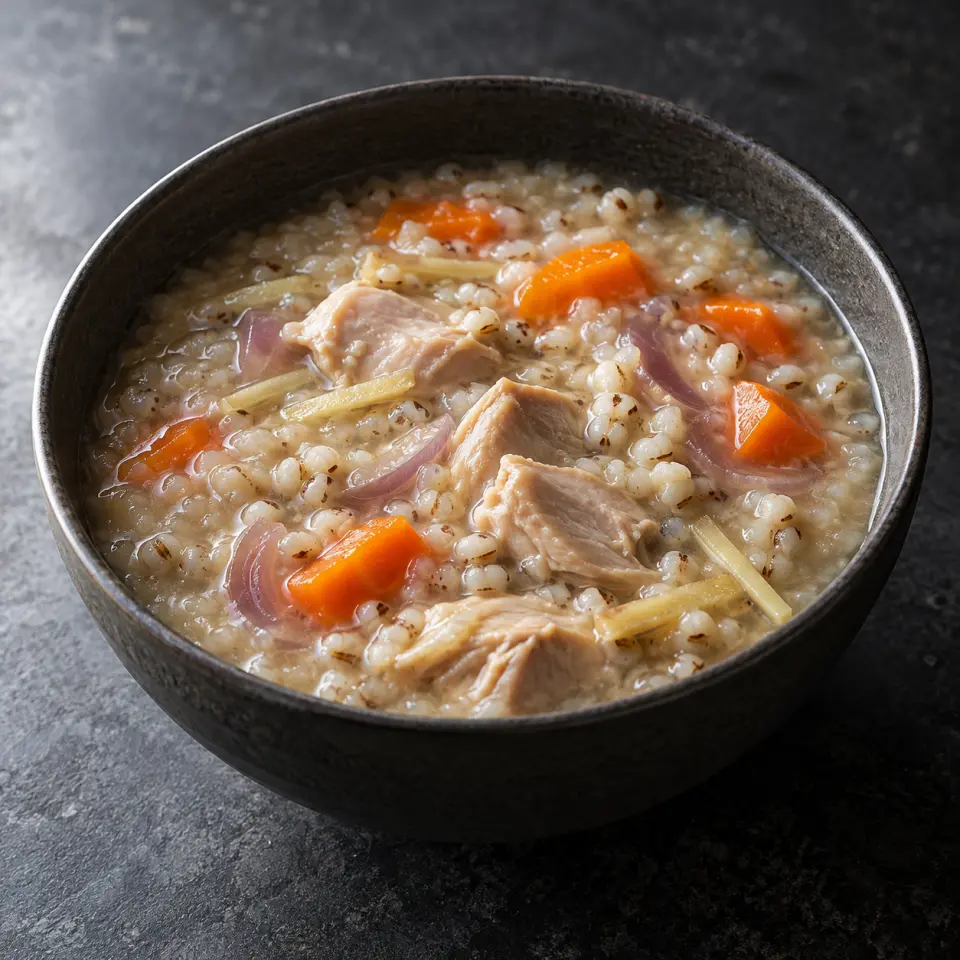 Chicken Adlai Arrozcaldo in a bowl on a dark stone table, made with chicken thigh skinless boneless, carrots, adlai rice, red onion.