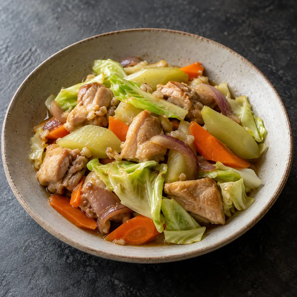 Chicken Chopseuy on a plate on a dark stone table, made with garlic, chicken thigh, chopped , green cabbage.