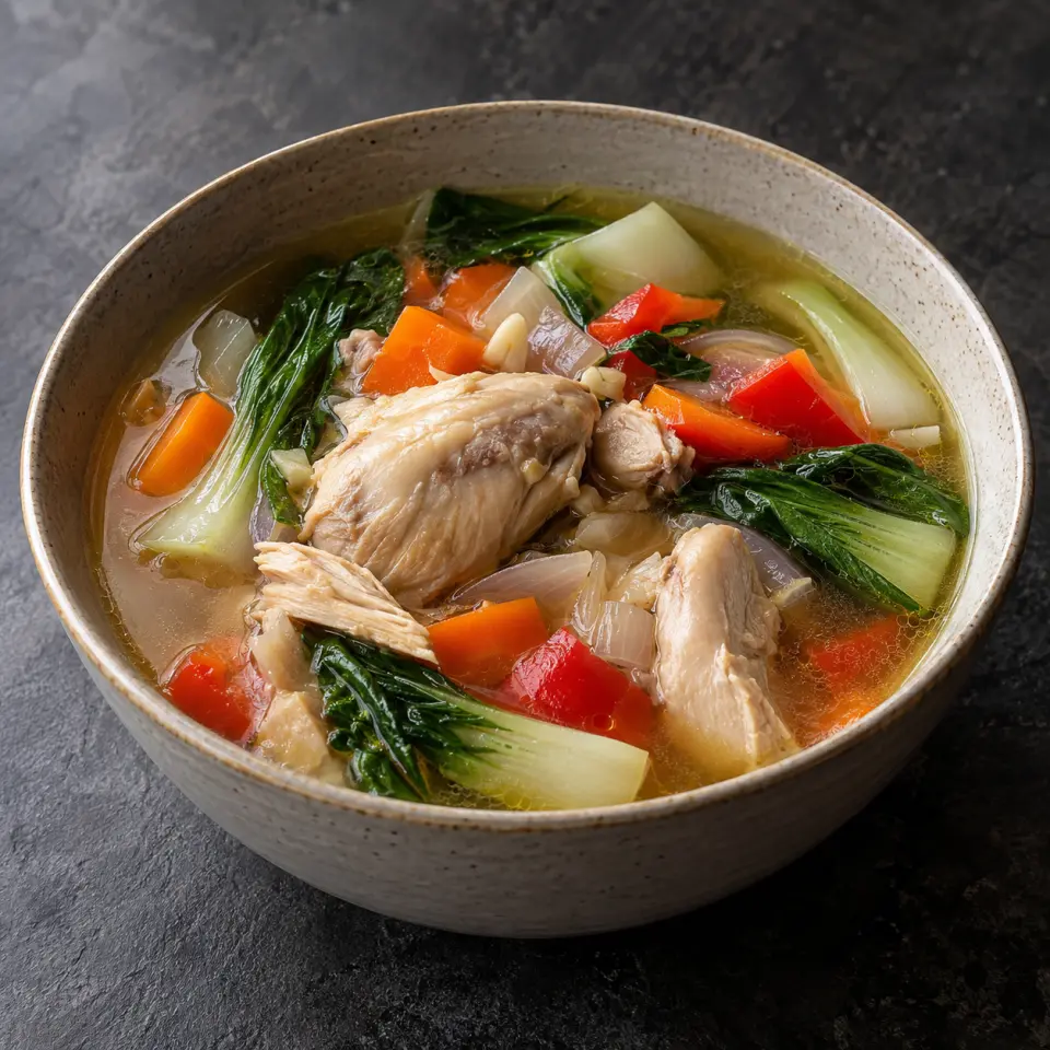 Chicken Coodle Soup in a bowl on a dark stone table, made with chicken, taiwan pechay, carrots, red onion.