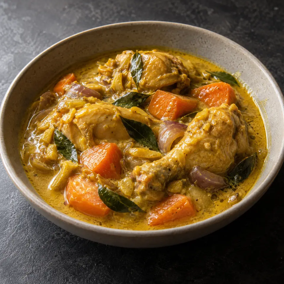 Chicken Curry on a plate on a dark stone table, made with coconut cream, chicken, carrots, red onion.