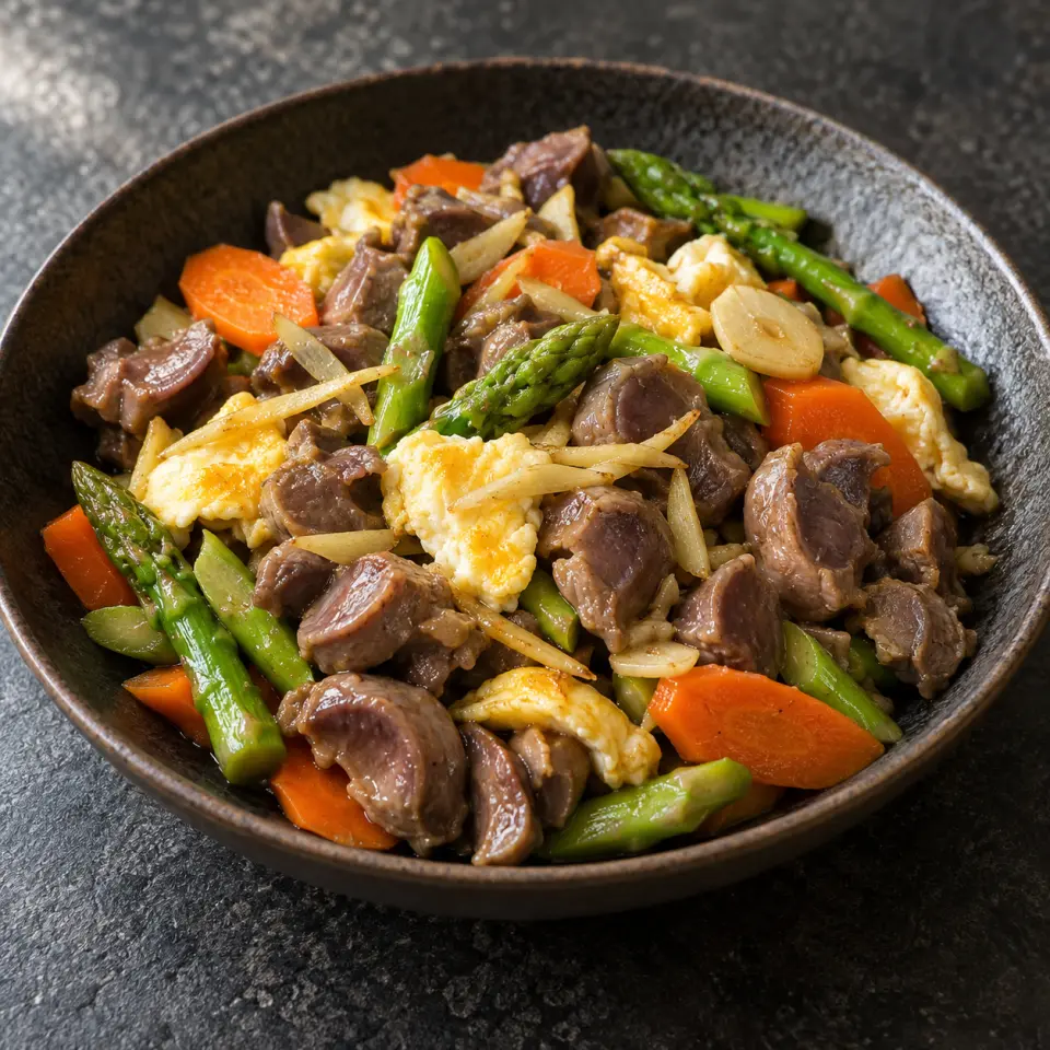 Chicken Gizzard on a plate on a dark stone table, made with chicken, gizzard, all classes, carrots.